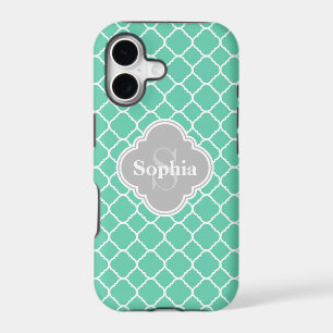 Monogrammed Grey Mint Quatrefoil Pattern