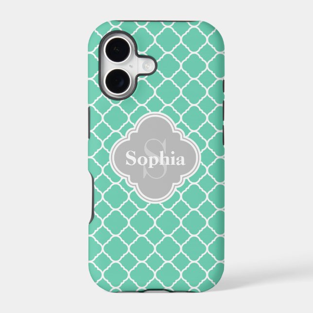 Monogrammed Grey Mint Quatrefoil Pattern (Back)