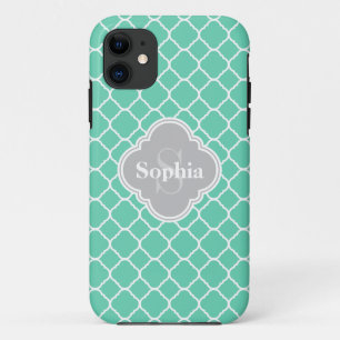 Monogrammed Grey Mint Quatrefoil Pattern iPhone 11 Case