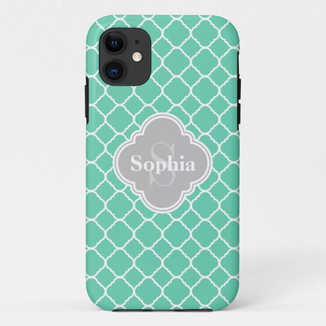 Monogrammed Grey Mint Quatrefoil Pattern Case-Mate iPhone Case (Back)