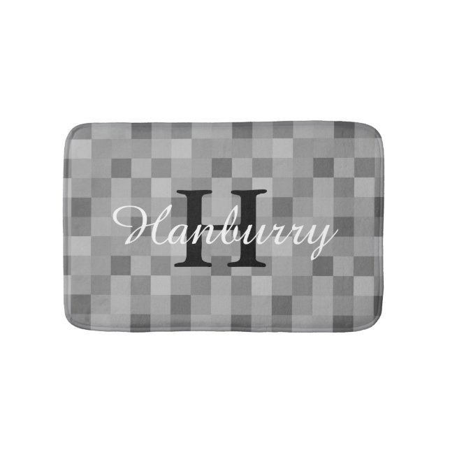 Monogrammed grey mosaic tile pattern bath mat (Front)