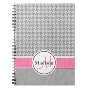Monogrammed Grey Pink Houndstooth Pattern Spiral Notebook
