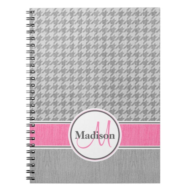 Monogrammed Grey Pink Houndstooth Pattern Spiral Notebook (Front)