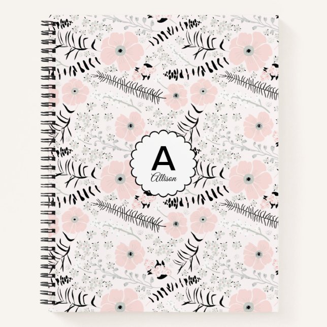 Monogrammed Grey Pink Patterned Whimsical Flowers Notebook (Front)