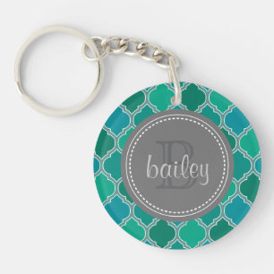 Monogrammed Grey Teal Modern Lattice Pattern Key Ring