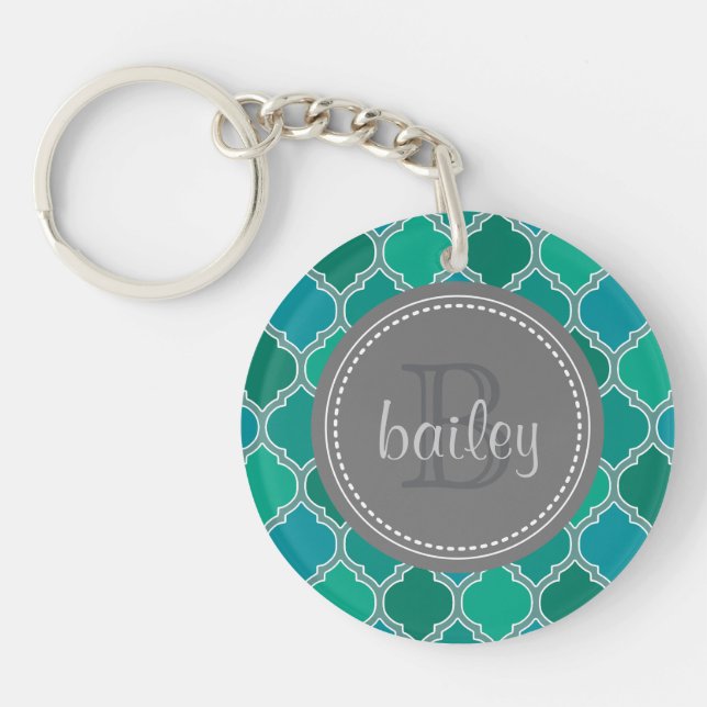 Monogrammed Grey Teal Modern Lattice Pattern Key Ring (Front)