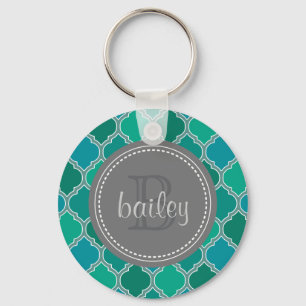 Monogrammed Grey Teal Modern Lattice Pattern Key Ring