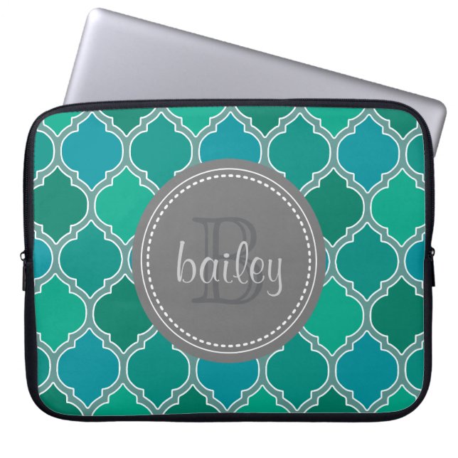 Monogrammed Grey Teal Modern Lattice Pattern Laptop Sleeve (Front)