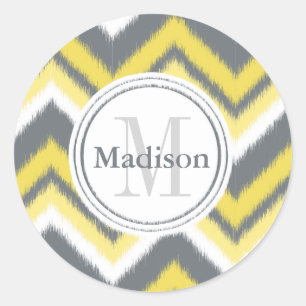 Monogrammed Grey Yellow Ikat Chevron Pattern Classic Round Sticker