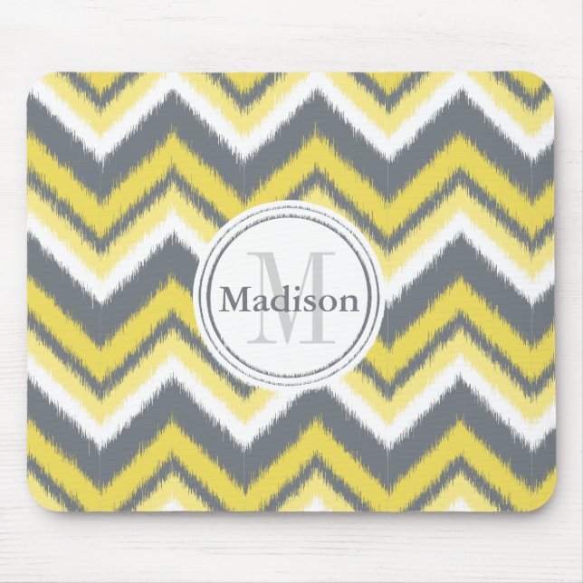 Monogrammed Grey Yellow Ikat Chevron Pattern Mouse Pad (Front)