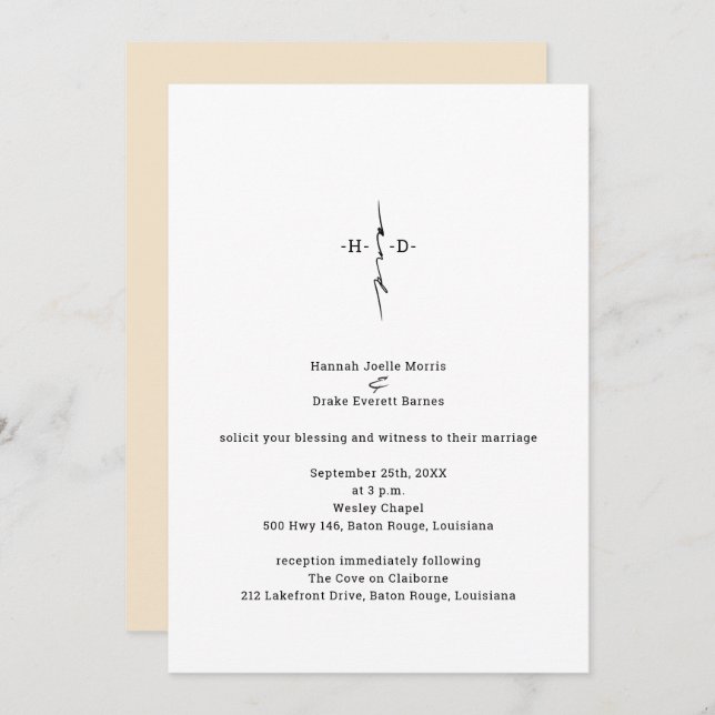 Monogrammed Hand Lettered Christian Cross Wedding Invitation (Front/Back)