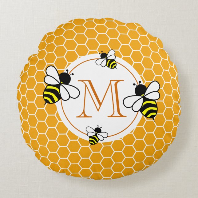 Monogrammed Honeycomb Pattern with Bees Round Cushion (Front)