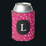 Monogrammed Hot Pink and Gold Glitter Polka Dot Can Cooler<br><div class="desc">Modern and on-trend dots of faux gold glitter on a hot pink background are topped with a classic black and white custom monogram so you'll never lose track of your beverage.</div>