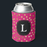 Monogrammed Hot Pink and Gold Glitter Polka Dot Can Cooler<br><div class="desc">Modern and on-trend dots of faux gold glitter on a hot pink background are topped with a classic black and white custom monogram so you'll never lose track of your beverage.</div>
