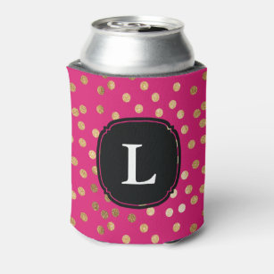 Monogrammed Hot Pink and Gold Glitter Polka Dot Can Cooler