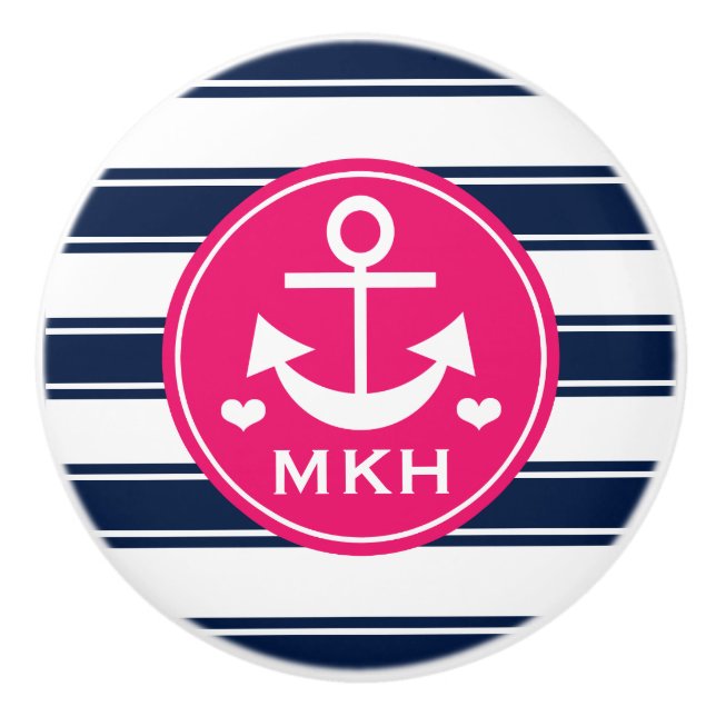 Monogrammed Hot Pink and Navy Anchor Ceramic Knob (Front)