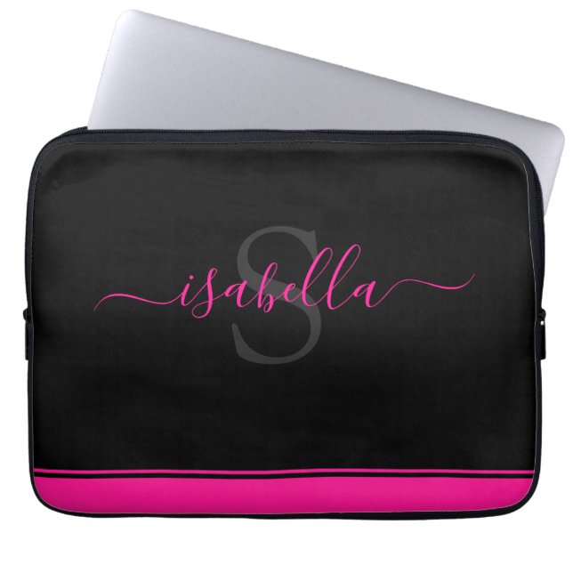 Monogrammed Hot Pink Black Script Laptop Sleeve (Front)