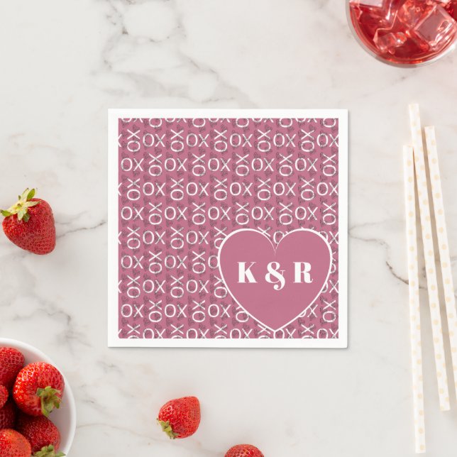 Monogrammed  Hugs Kisses XOXO Pink Valentines Day Napkin (Insitu)
