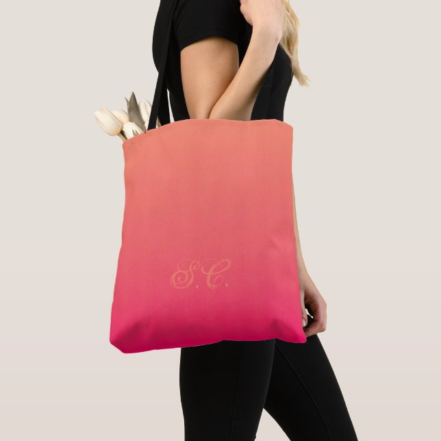 Monogrammed In Peach With Pink Tote Bag (Close Up)