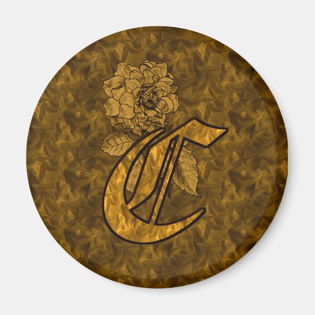 Monogrammed Initial C Gold Peony Magnet (Front)
