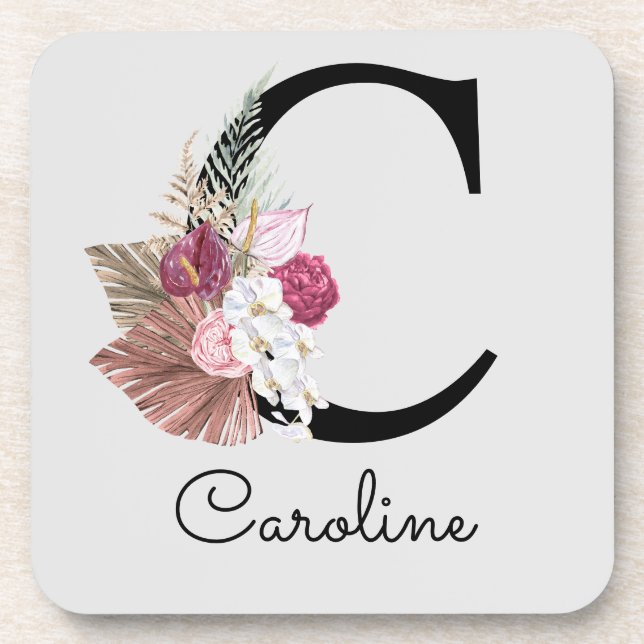 Monogrammed Initial C Pink Boho Floral Coaster (Front)