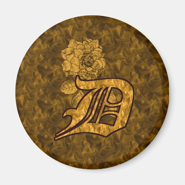 Monogrammed Initial D Gold Peony Magnet (Front)