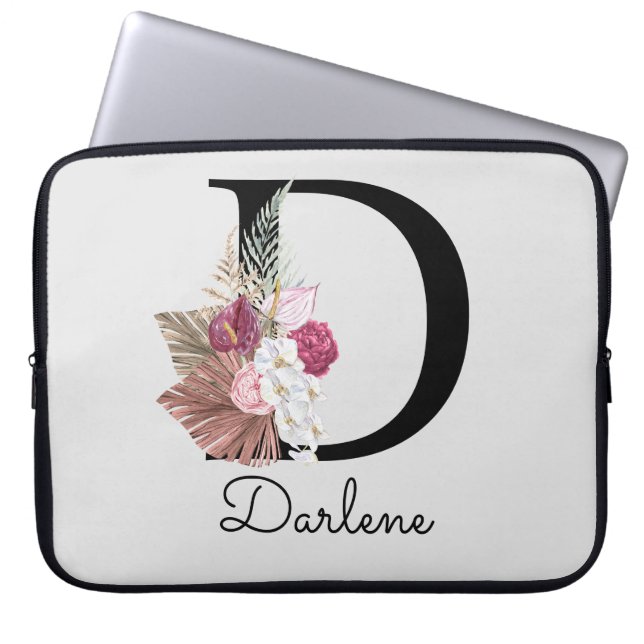 Monogrammed Initial D Modern Pink Boho Floral Laptop Sleeve (Front)