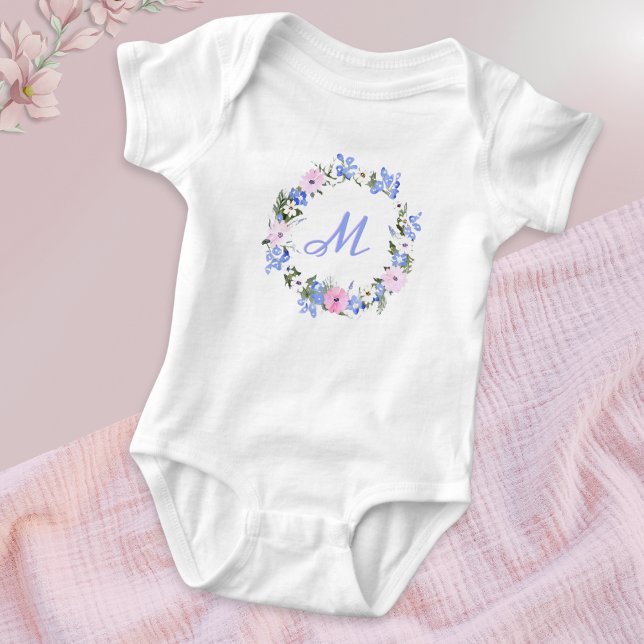 Monogrammed Initial Floral Flower Circle Pretty Baby Bodysuit (A pretty baby bodysuit with pink, blue and white flowers in a circle around a monogrammed initial)