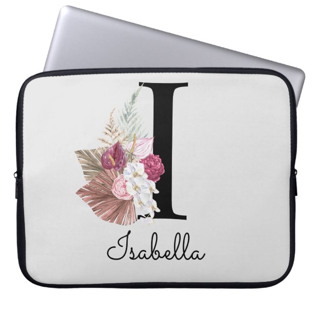 Monogrammed Initial I Pink Boho Floral Laptop Sleeve (Front)