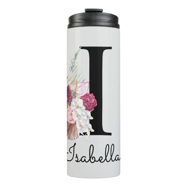 Monogrammed Initial I Pink Boho Girly Floral Thermal Tumbler (Front)