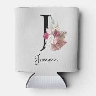 Monogrammed Initial J Pink Boho Floral Can Cooler