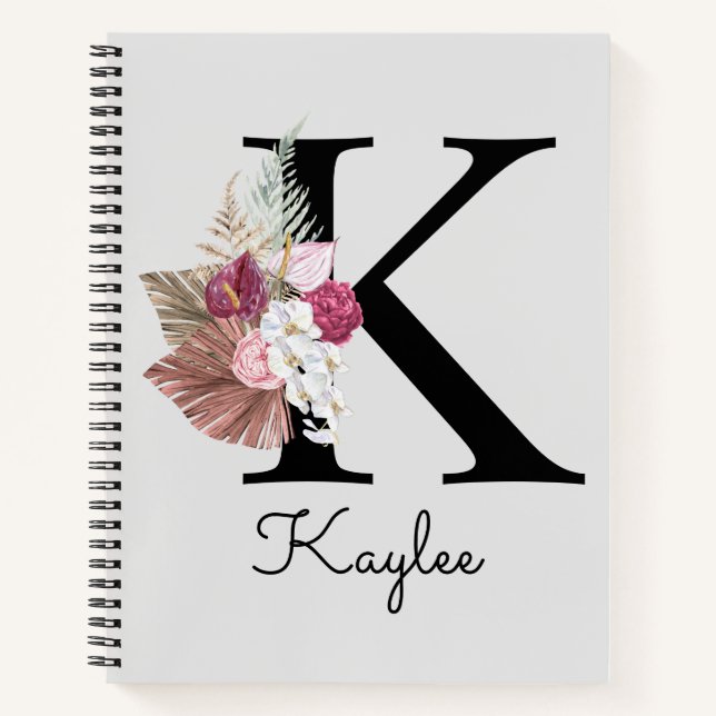 Monogrammed Initial K Pink Boho Floral Notebook (Front)