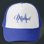 Monogrammed Initial Letter Name Template Unisex Trucker Hat<br><div class="desc">Monogrammed Initial Letter Name Template Unisex Elegant Trendy White And Royal Blue Trucker Hat.</div>