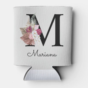 Monogrammed Initial M Pink Boho Floral Can Cooler