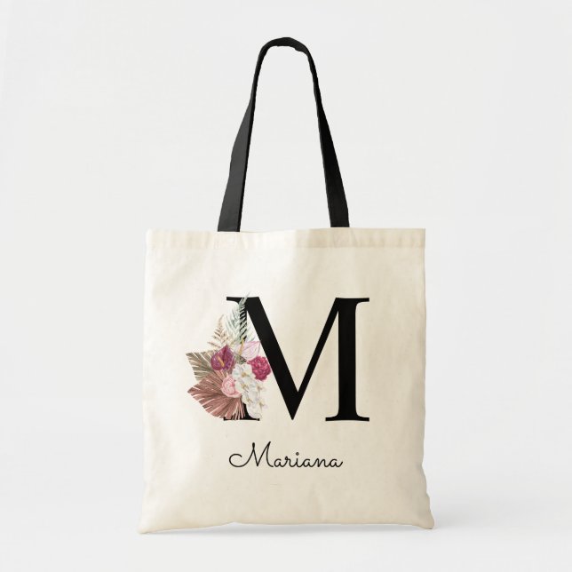 Monogrammed Initial M Pink Boho Floral Tote Bag (Front)
