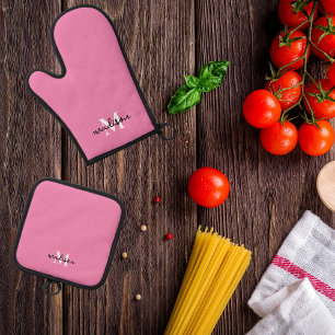 Monogrammed Initial Name Pink Oven Mitt & Pot Holder Set