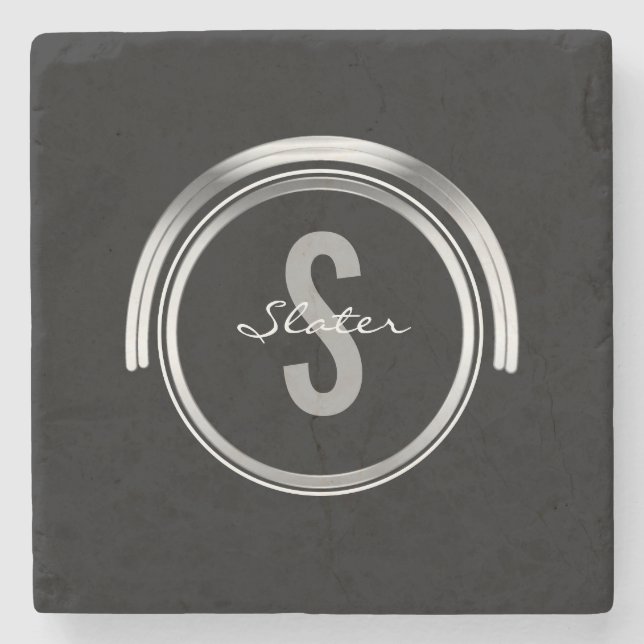 Monogrammed Initial Name | Simple Black Silver Stone Coaster (Front)