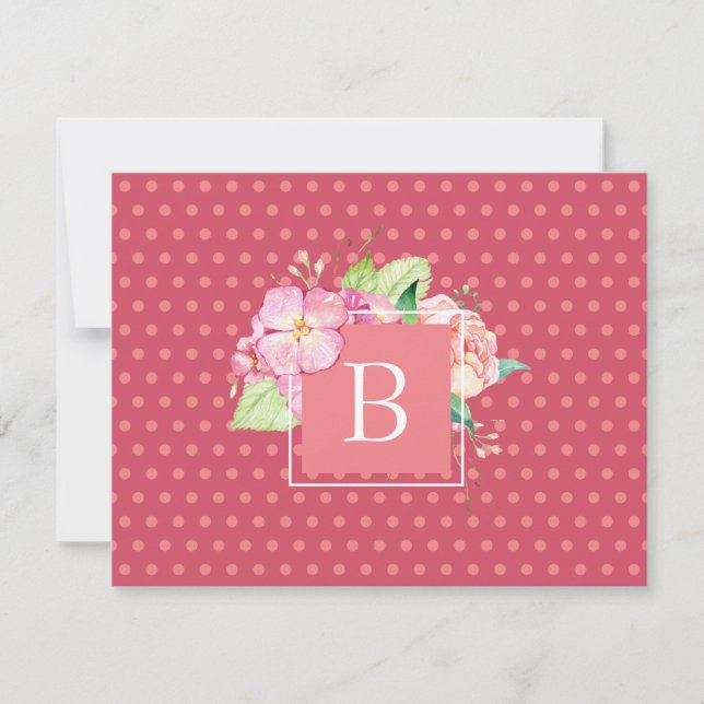 Monogrammed Initial Pink Dots & Pink Coral Floral Card (Front)