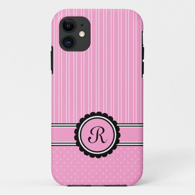 Monogrammed Initial Pink Stripes Polka Dots Case-Mate iPhone Case (Back)