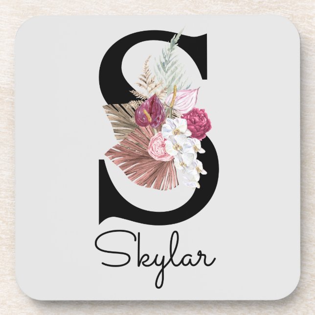 Monogrammed Initial S Pink Boho Floral Coaster (Front)