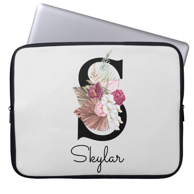 Monogrammed Initial S Pink Boho Floral Laptop Sleeve (Front)