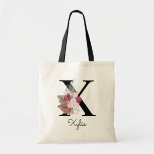 Monogrammed Initial S Pink Boho Floral Tote Bag