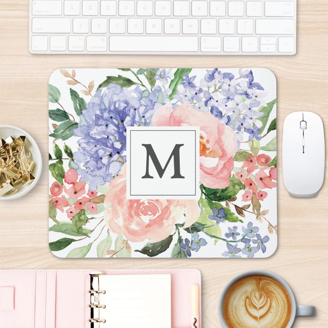 Monogrammed Initial Watercolor Blue Pink Floral Mouse Pad (In situ office desk)