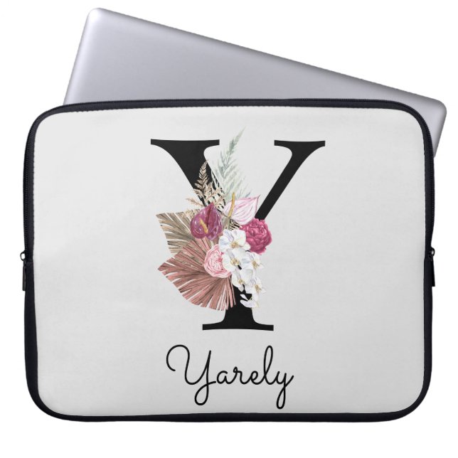 Monogrammed Initial Y Pink Boho Floral Laptop Sleeve (Front)