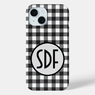 Monogrammed Initials Black White Buffalo Plaid iPhone 15 Case