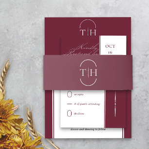 Monogrammed Initials Burgundy Wedding Invitation Belly Band