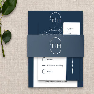 Monogrammed Initials Navy Blue Wedding Invitation Belly Band