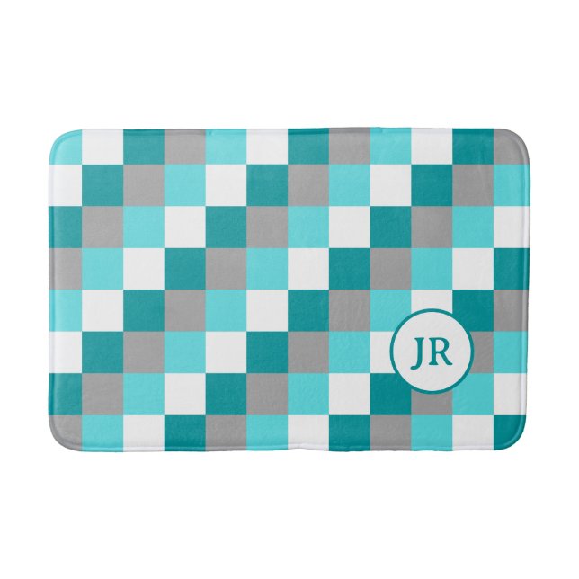 Monogrammed Initials on Teal and Aqua Checked Bath Mat (Front)