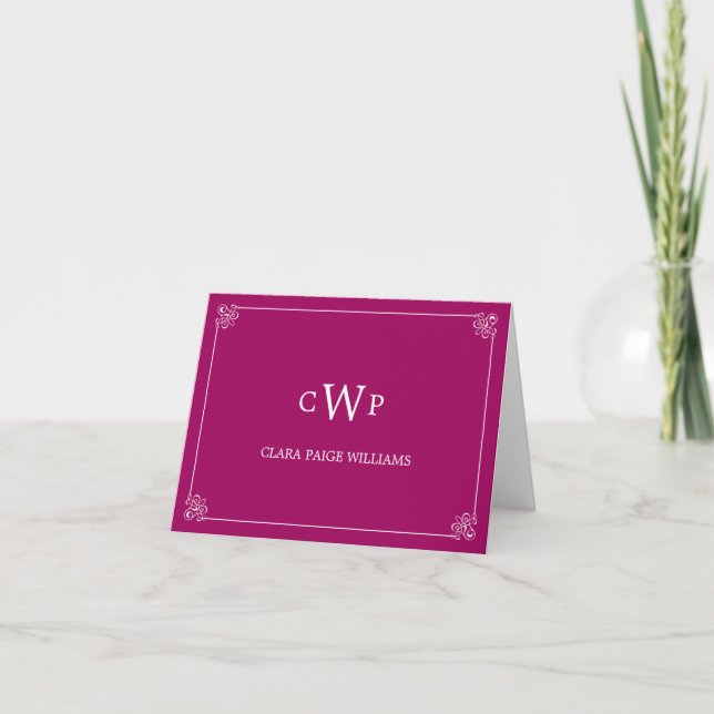 Monogrammed Initials Thank You Card - Fuchsia (Front)