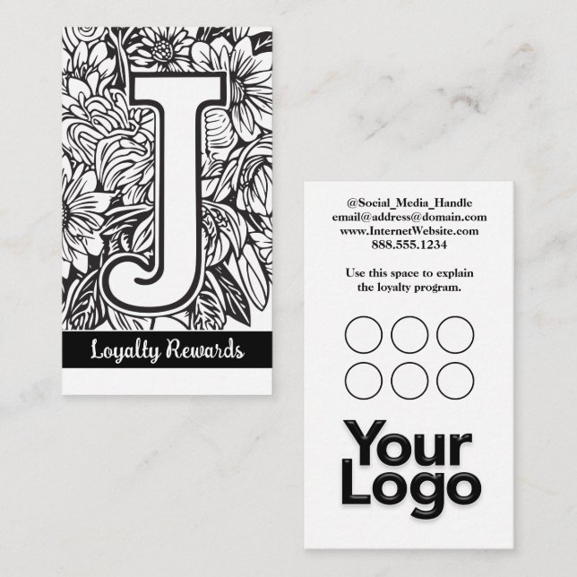 Monogrammed J Floral Black and White Company Logo  Business Card (Front/Back)